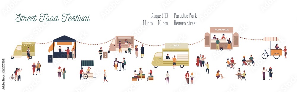 Horizontal web banner template for summer street food festival with people walking among vans and kiosks, buying homemade meals, eating and drinking. Vector illustration for event announcement. Horizontal web banner template for summer street food festival with people walking among vans and kiosks, buying homemade meals, eating and drinking. Vector illustration for event announcement.