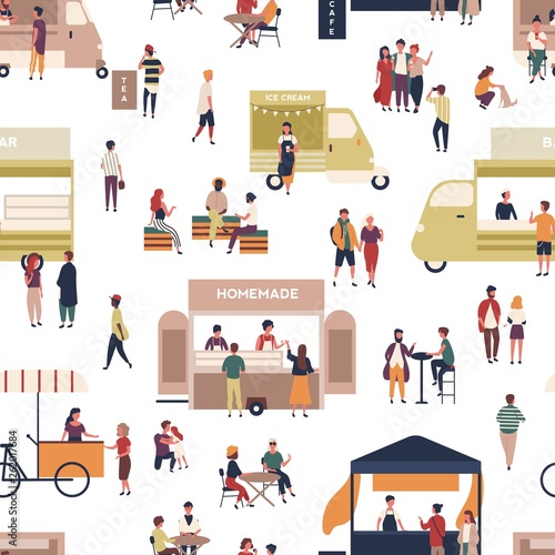 Seamless pattern with people walking among vans and kiosks, buying homemade meals, eating and drinking at summer street food festival. Flat vector illustration for wrapping paper, fabric print.