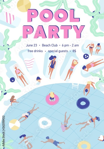 Invitation template for summer pool party with people dressed in swimsuits, swimming, and sunbathing at resort. Flat vector illustration for seasonal outdoor event announcement, advertisement.