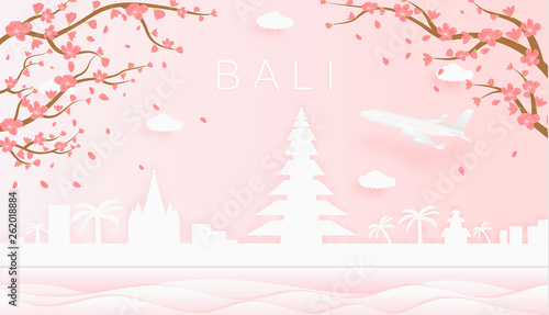 Panorama travel postcard, poster, tour advertising of world famous landmarks of Bali, spring season with blooming flowers in tree