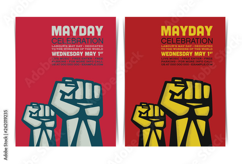 Mayday celebration event poster template with clenched fists. Vector illustration.