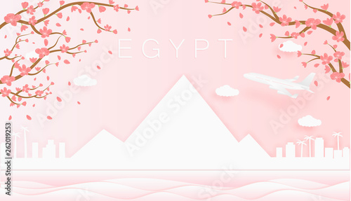 Panorama travel postcard, poster, tour advertising of world famous landmarks of Egypt, spring season with blooming flowers in tree