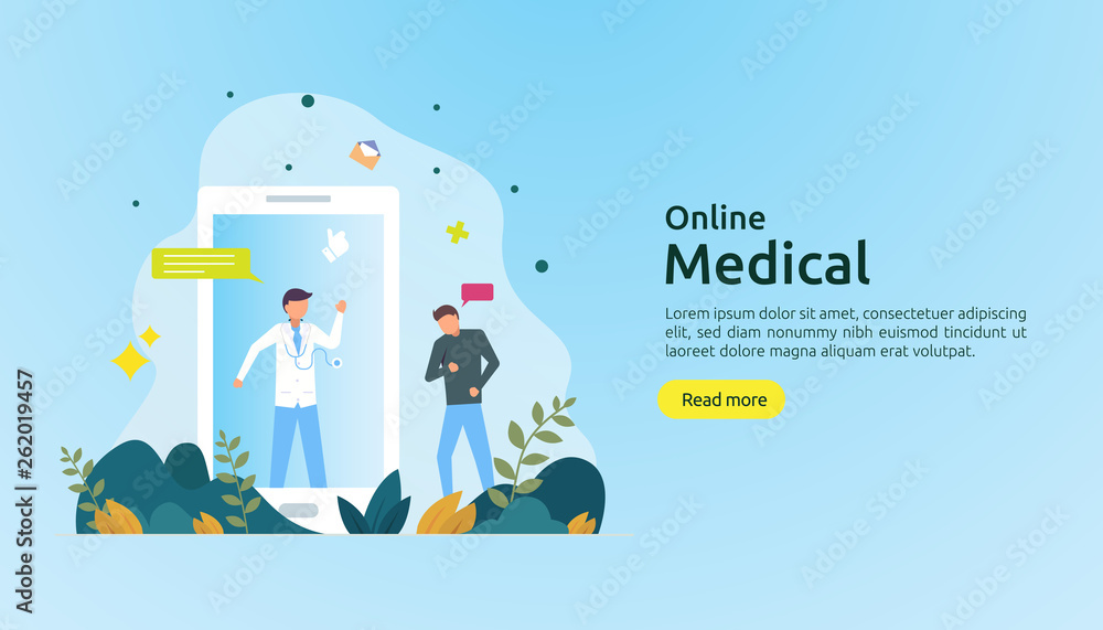 Flat online medical advice or health care service. Call doctor support concept with people character. template for web landing page, banner, presentation, social, poster, ad, promotion or print media Flat online medical advice or health care service. Call doctor support concept with people character. template for web landing page, banner, presentation, social, poster, ad, promotion or print media