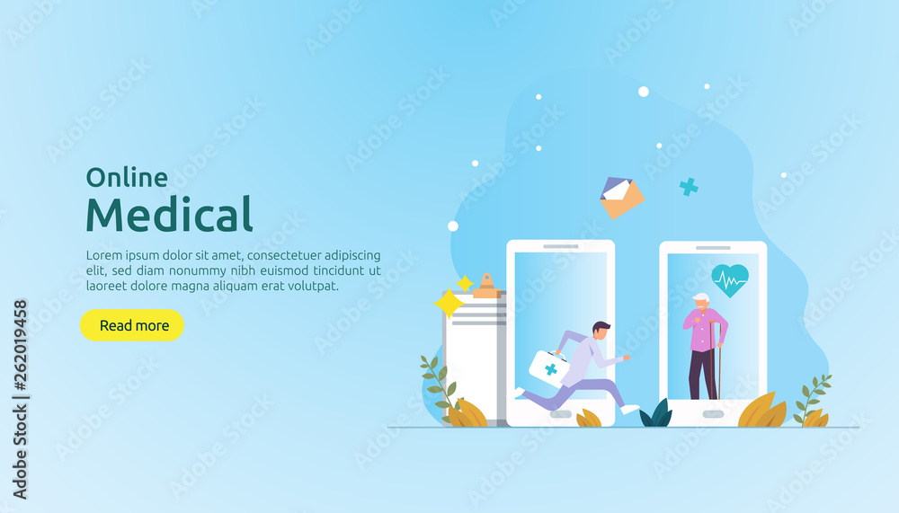 Flat online medical advice or health care service. Call doctor support concept with people character. template for web landing page, banner, presentation, social, poster, ad, promotion or print media Flat online medical advice or health care service. Call doctor support concept with people character. template for web landing page, banner, presentation, social, poster, ad, promotion or print media