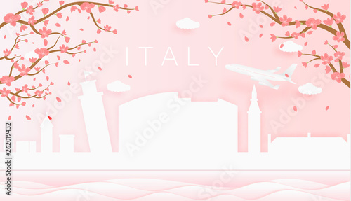 Panorama travel postcard, poster, tour advertising of world famous landmarks of Italy, spring season with blooming flowers in tree
