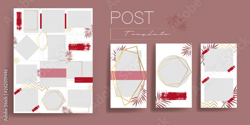  Design backgrounds for social media banner.Set of instagram post frame templates.Vector cover insta stories. Mockup for personal blog or shop. Endless square puzzle layout for promotion.