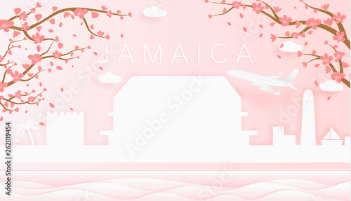 Panorama travel postcard, poster, tour advertising of world famous landmarks of Jamaica, spring season with blooming flowers in tree