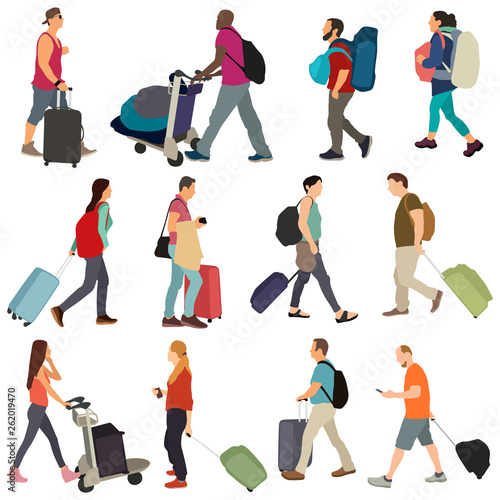 People walking with their luggage vector illustration set