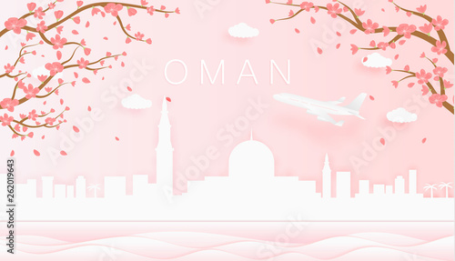 Panorama travel postcard, poster, tour advertising of world famous landmarks of Oman, spring season with blooming flowers in tree