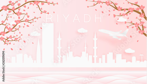 Panorama travel postcard, poster, tour advertising of world famous landmarks of Riyadh, spring season with blooming flowers in tree
