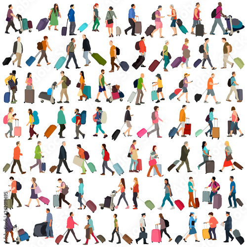 People going with luggage. Traveling people vector set.