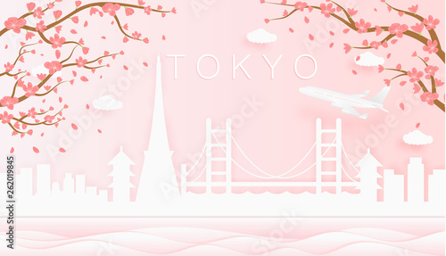 Panorama travel postcard, poster, tour advertising of world famous landmarks of Tokyo, spring season with blooming flowers in tree