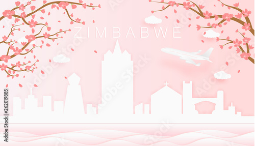Panorama travel postcard, poster, tour advertising of world famous landmarks of Zimbabwe, spring season with blooming flowers in tree