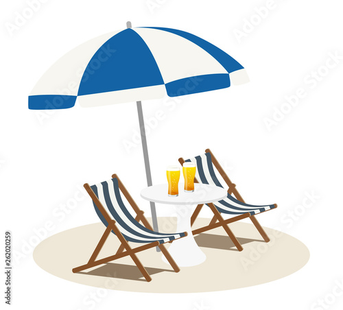Beach parasol and chair with glass beer (2 set)