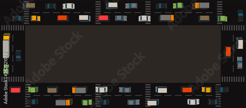 Traffic cars frame banner. Copy space for text place. Transport road background. Top view of the street and cars. Horizontal rectangle vector illustration.