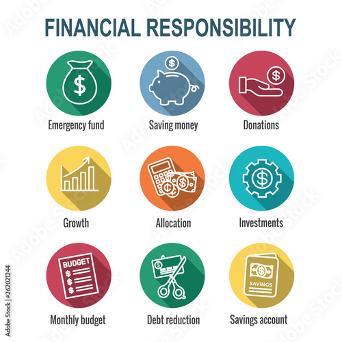Personal Finance & Responsibility Icon Set with Money, Saving, & Banking options