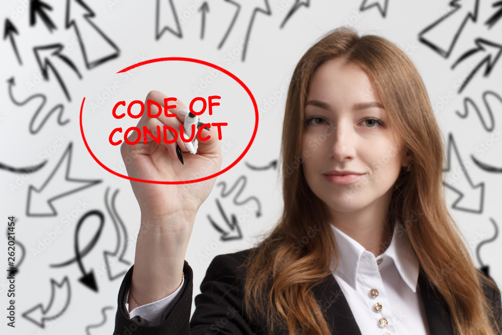 Business, technology, internet and networking concept. Young entrepreneur showing keyword: Code of conduct Business, technology, internet and networking concept. Young entrepreneur showing keyword: Code of conduct