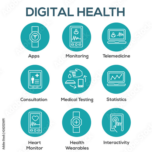 Digital Health Icon Set with Wearable Technology Web Header Banner