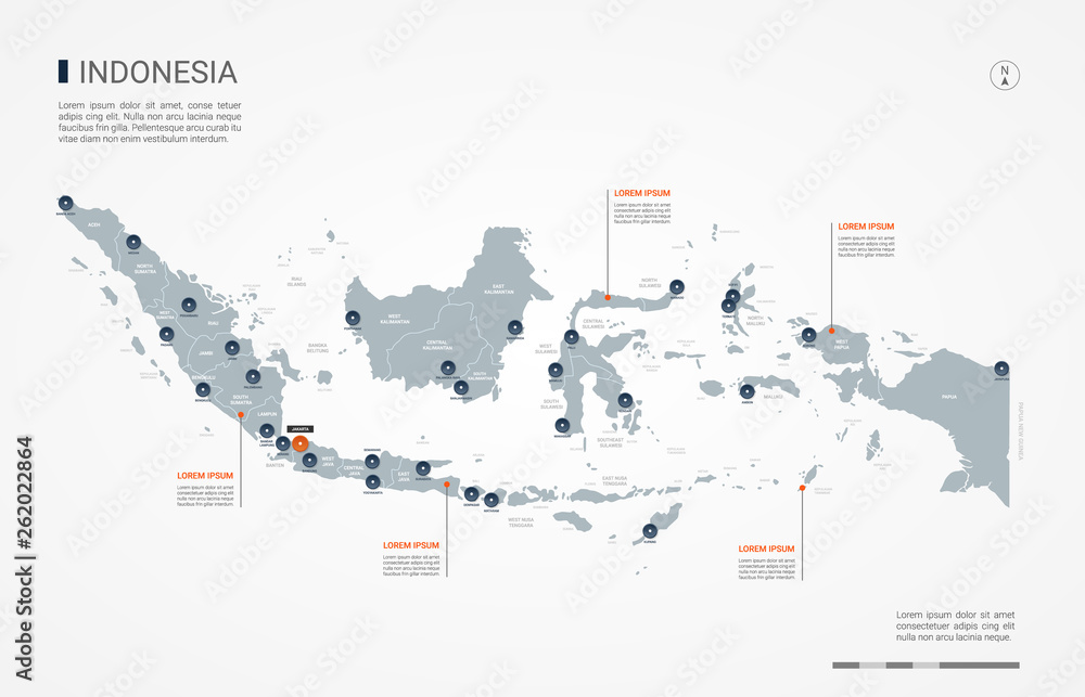 Fotografie Indonesia map with borders, cities, capital and administrative divisions
