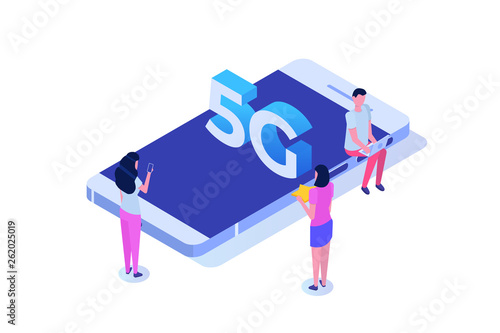 5G network wireless systems, High-speed mobile Internet isometric concept. Vector illustration