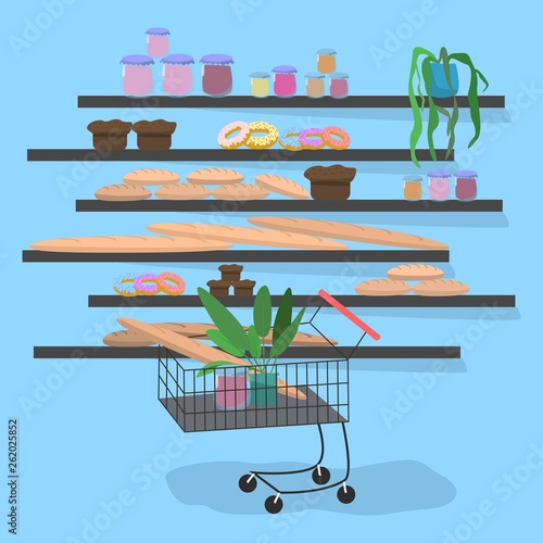 Trolley in the supermarket near the shelves with bread flat cartoon style on blue background vector illustration