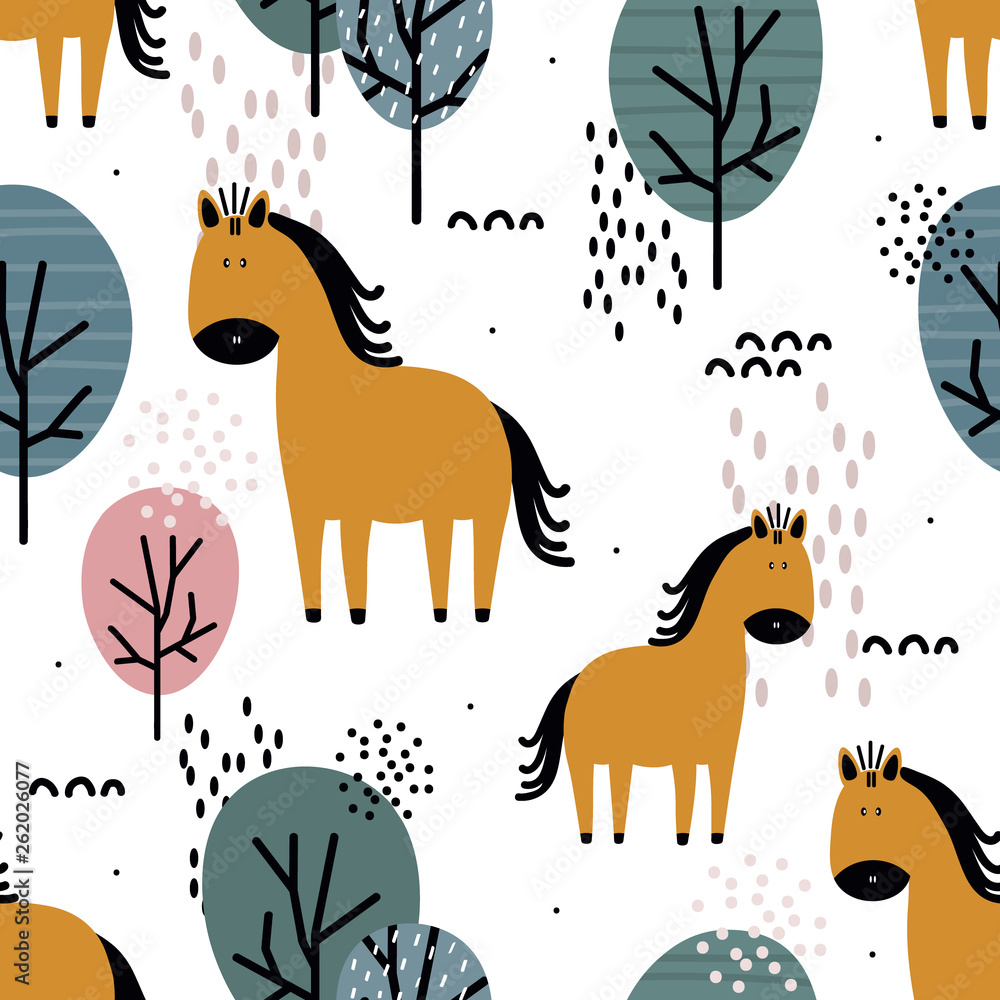 Horses and trees, hand drawn backdrop. Colorful seamless pattern with  animals. Decorative cute wallpaper, good for printing. Overlapping  background vector. Design illustration Stock Vector | Adobe Stock