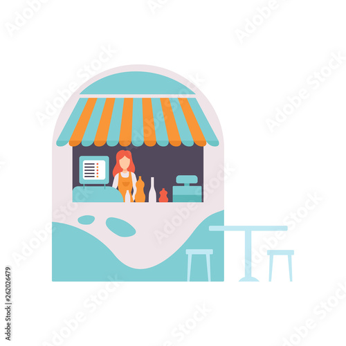 Street Vendor Booth with Fast Food, Sweets and Desserts, Market Food Counter with Canopy and Female Seller Vector Illustration