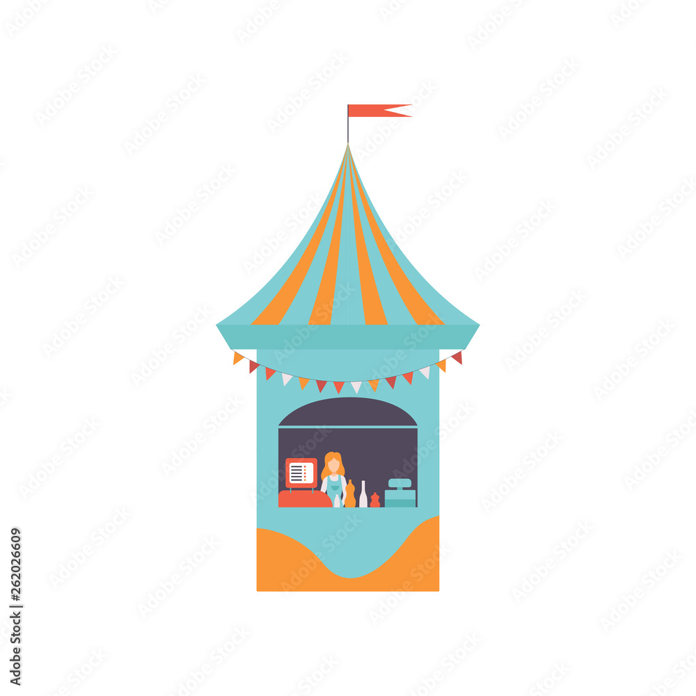 Street Vendor Booth with Fast Food, Market Food Counter, Retail Selling Kiosk Vector Illustration