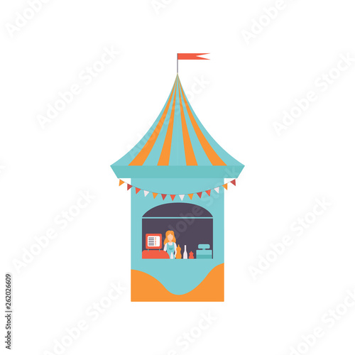 Street Vendor Booth with Fast Food, Market Food Counter, Retail Selling Kiosk Vector Illustration