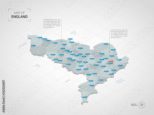 Isometric 3D England map. Stylized vector map illustration with cities, borders, capital, administrative divisions and pointer marks; gradient background with grid. 
