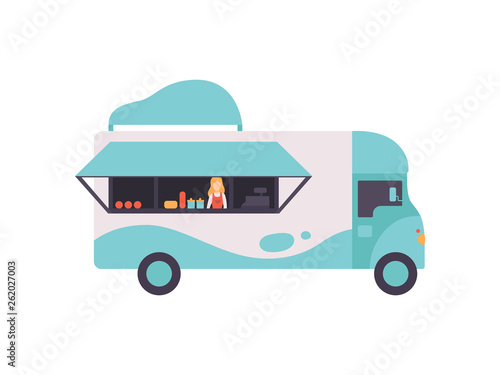 Van Bus Shop with Fast Food and Seller, Food Transport for Street Market Vector Illustration