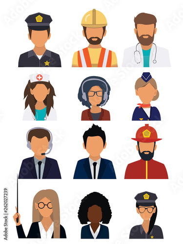 Male and female faces avatars. User icon. People of different professions set avatar icons on the white background. Team icons collection. Vector illustration of flat design people characters