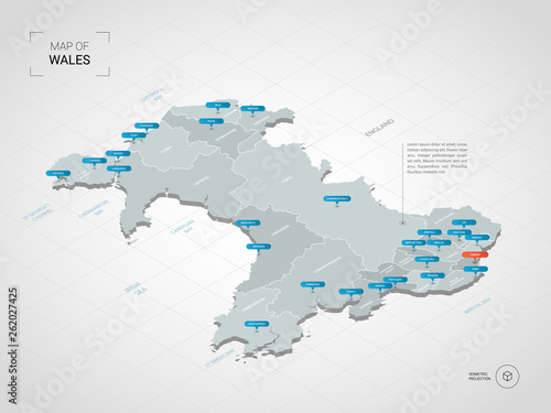 Isometric 3D Wales map. Stylized vector map illustration with cities, borders, capital, administrative divisions and pointer marks; gradient background with grid. 