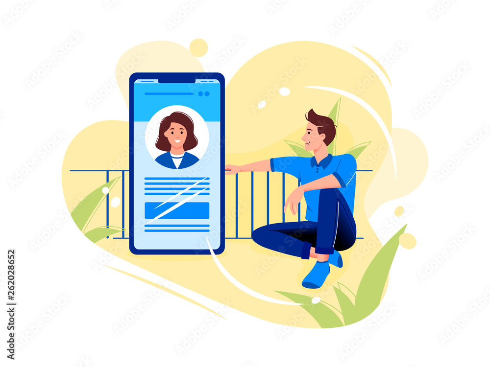 Social networks, chatting, dating app. Young man are sitting near big smartphone and talking to woman in the phone. Flat vector concept illustration isolated on white.