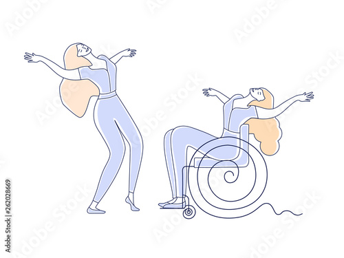 Wheelchair dance club. Two women with disabilities sport leisure. Disabled people dancing simple line vector illustration