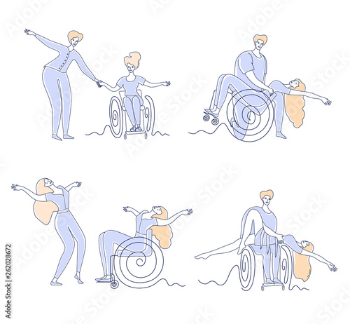 Wheelchair dance club. Men and women with disabilities sport leisure. Disabled people dancing simple line vector illustration set
