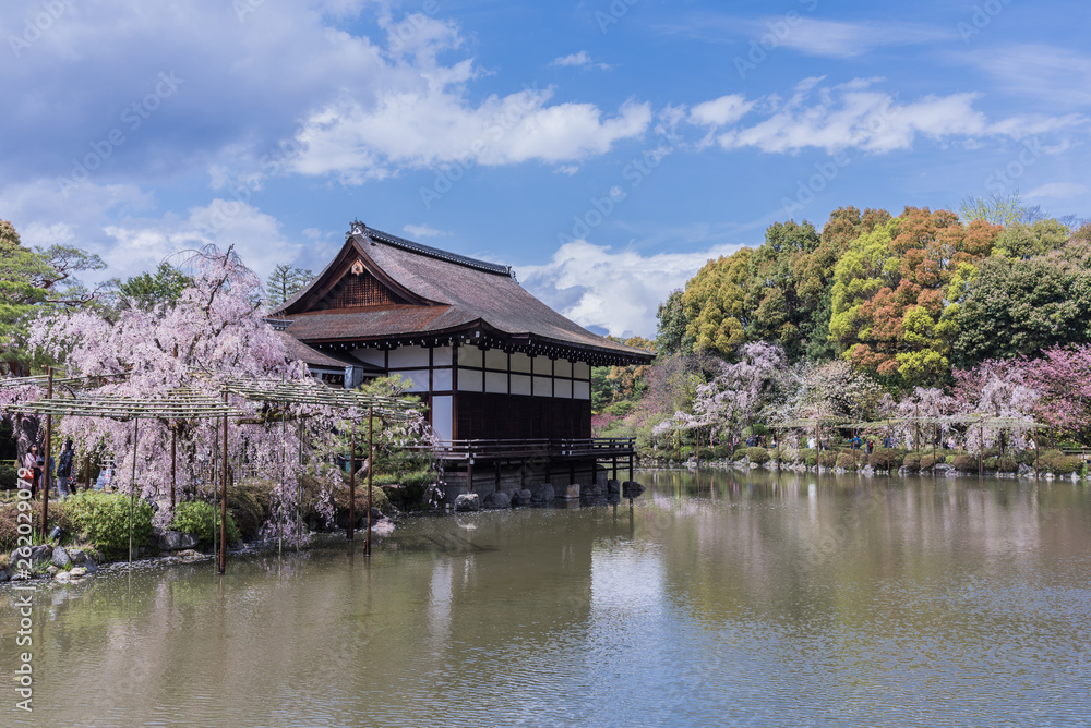 Japanese garden of Heian shrine with blue sky. Kyoto, Japan