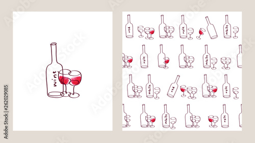 Wine bottle and glass icon. Simple seamless pattern for bar menu, party, alcohol drinks and wrapping paper. Vector illustration.