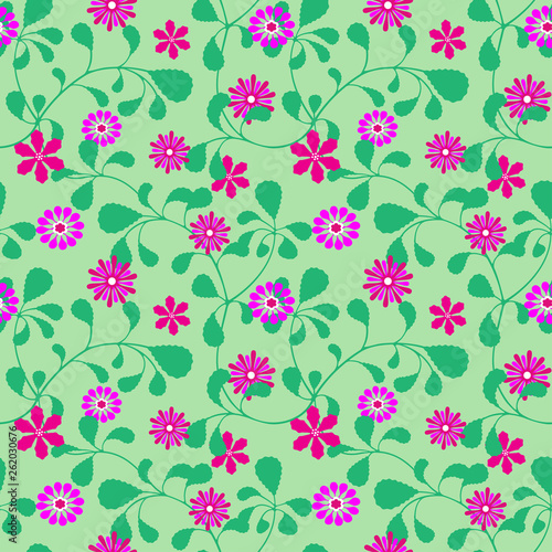 Seamless summer pattern, interlacing thin branches with leaves, fancy flowers and bubbles on background. Swatch included in EPS file.