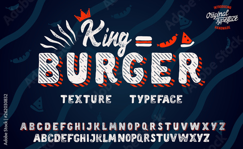 King Burger. Vintage 3D serif font. Hand made font and logotype. Vintage style. Old whiskey. Clothing collection. Retro print. Hipster style.