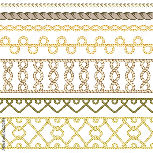 Seamless colored borders. Interlaced ropes. Based on Arabic and Celtic styles. Pattern brushes included in EPS file.