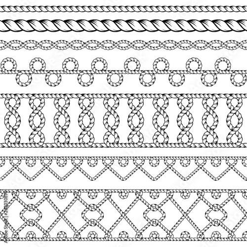 Seamless black and white borders. Interlaced ropes. Based on Arabic and Celtic styles. Pattern brushes included in EPS file.