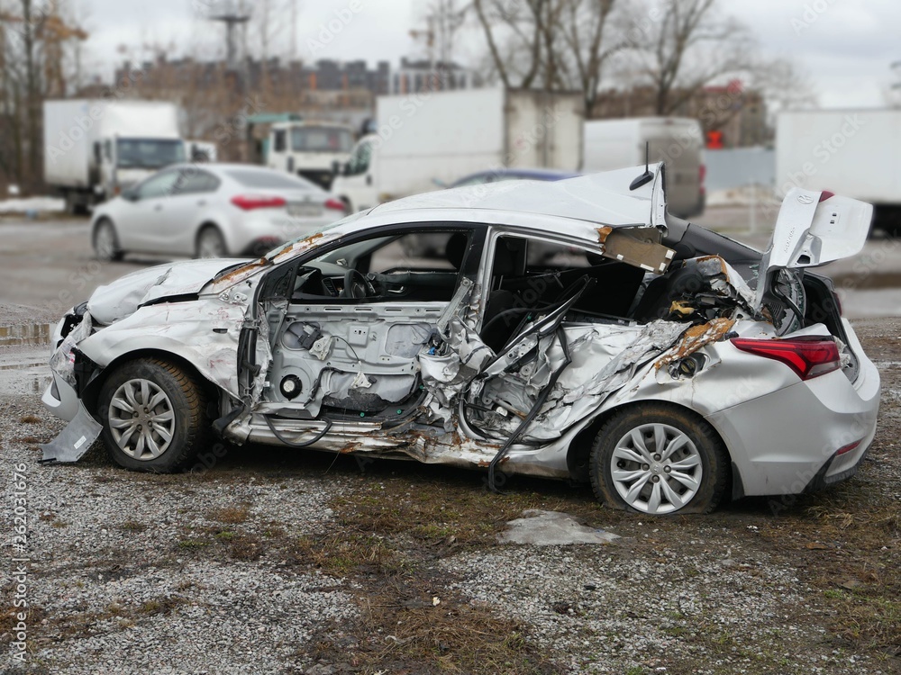 Fototapeta premium St. Petersburg, Russia April 3, 2019 terrible car accident Hyundai Solaris airbags did not work