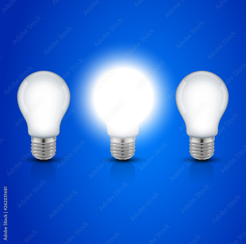 Idea concept, glowing lamp on blue background. Idea concept, glowing lamp on blue background.