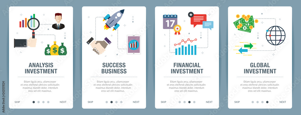 Analysis investment, success business, financial investment, global investment.  Internet website banner concept with icon set. Flat design vector illustration.