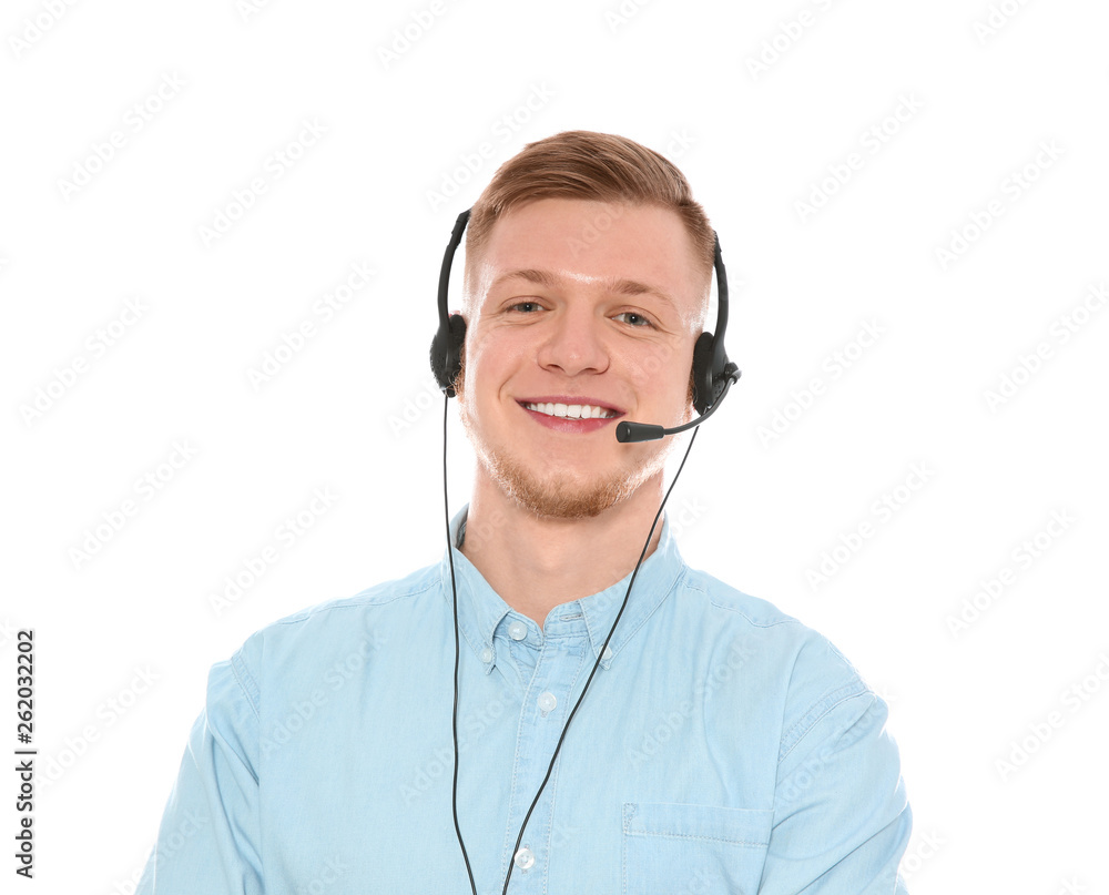 Portrait of technical support operator with headset isolated on white Portrait of technical support operator with headset isolated on white