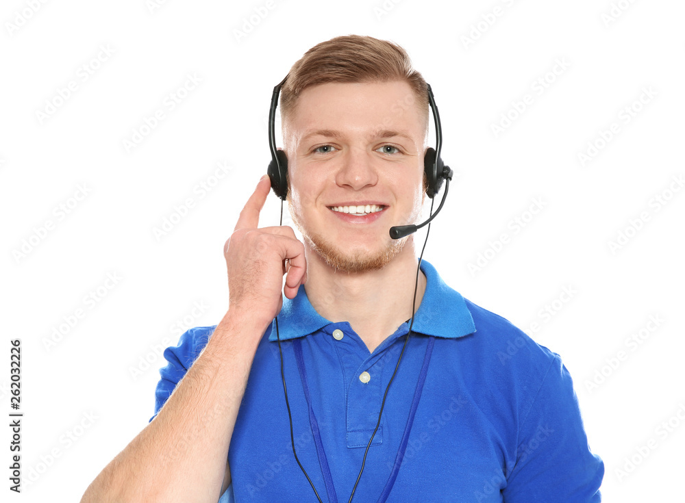 Portrait of technical support operator with headset isolated on white Portrait of technical support operator with headset isolated on white
