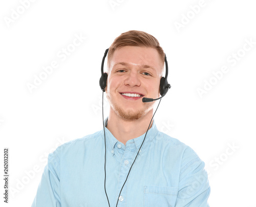 Portrait of technical support operator with headset isolated on white