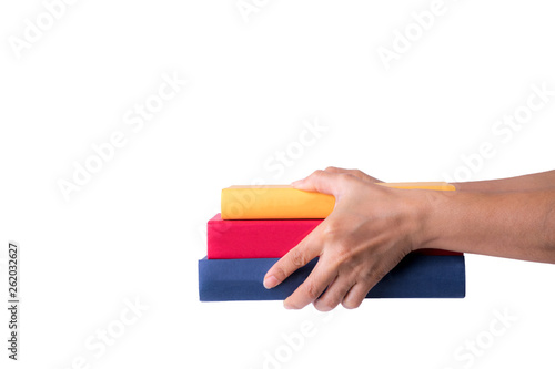 Books in hands isolated on white background.