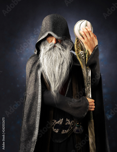 Evil Warlock old hooded wizard posing with staff on a blue gradient background. 3d rendering photo